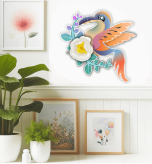 Colorful 3D hummingbird paper craft hanging on wall; Paper hummingbird wall decor; Whimsical 3D bird decoration for walls; Vibrant paper hummingbird art; Handmade paper craft bird hanging; Colorful 3D hummingbird decoration; Hummingbird paper sculpture wall art; Paper hummingbird craft for room decor; Brightly colored 3D bird paper art; Decorative paper hummingbird wall hanging;