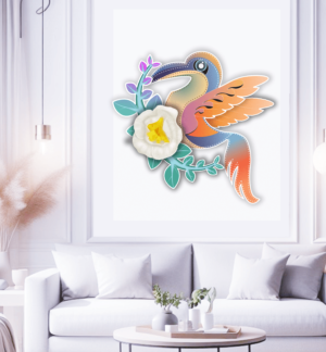 Colorful 3D hummingbird paper craft hanging on wall; Paper hummingbird wall decor; Whimsical 3D bird decoration for walls; Vibrant paper hummingbird art; Handmade paper craft bird hanging; Colorful 3D hummingbird decoration; Hummingbird paper sculpture wall art; Paper hummingbird craft for room decor; Brightly colored 3D bird paper art; Decorative paper hummingbird wall hanging;