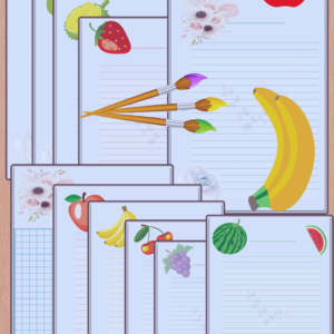11x printable  lined handwriting  paper worksheets  with mixed fruits pictures.