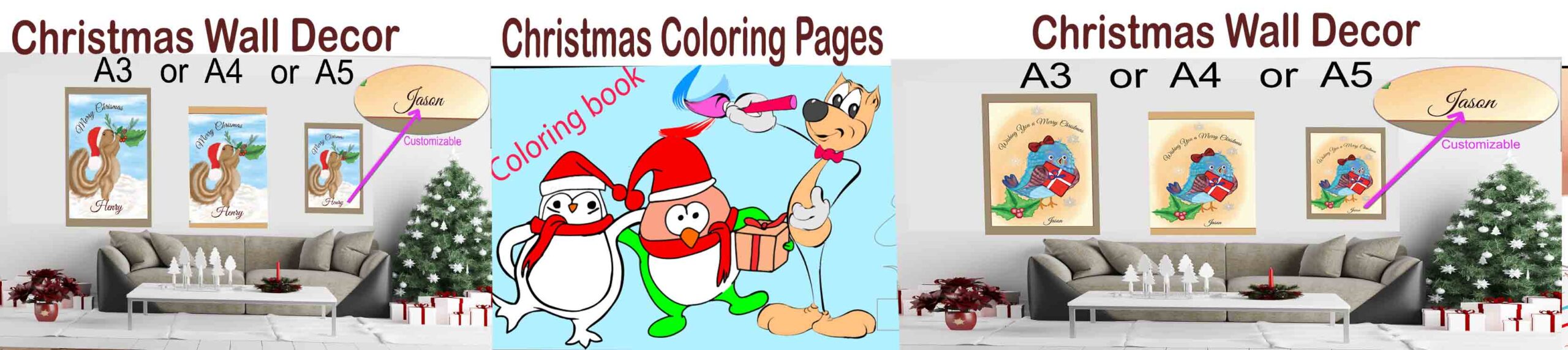 Christmas coloring page for kids, Nursery wall decoration, kids bunny, Christmas coloring pages
